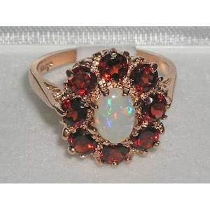Solid 9K Rose Gold Colorful Opal & Garnet Cluster Flower Ring, English Antique Style Floral Ring - Made in England- Customize:14K,18K Gold