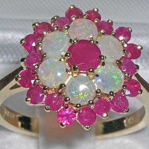 Large 9K Yellow Gold Natural Ruby & Colorful Opal Colorful Cluster Flower Ring, English Vintage Design Floral Ring  - Customizable