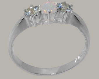 925 Sterling Silver Natural Opal & Aquamarine womens Trilogy Ring - Customizable 9K,10K,14K,18K Yellow, Rose or White Gold or Platinum