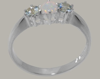925 Sterling Silber Natürlicher Opal & Aquamarin Damen Trilogie Ring - Anpassbare 9K,10K,14K,18K Gelbgold, Rosé- oder Weißgold oder Platin