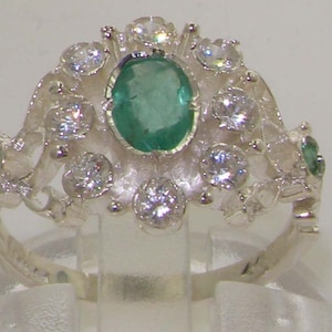 English 9K White Gold Natural Green Emerald & Cubic Zirconia Unique Rosette Flower Cluster Pave Ring, Antique Design - Customizable