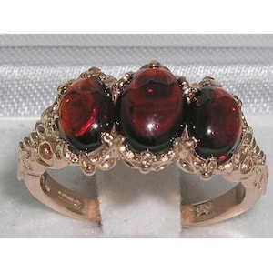 9K Rose Gold Three Natural Cabochon Garnet Ring, English Vintage Design Prong Setting Trilogy Ring - Made in England - Customizable