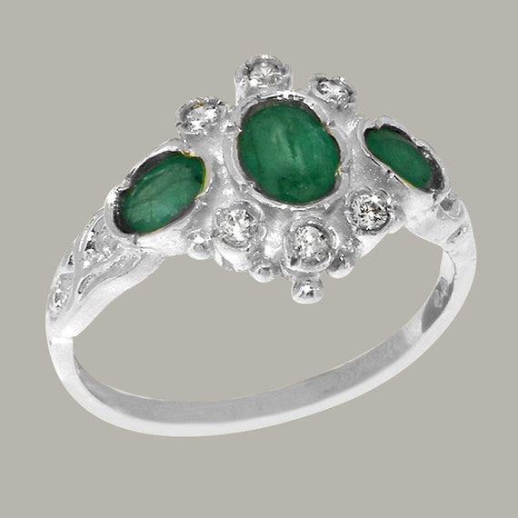 White Gold Natural Emerald Cubic Zirconia Womens Trilogy Ring