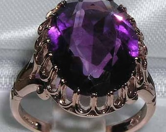 Large 16x12mm Natural Amethyst Ring, Solid 9K Rose Gold Amethyst Claws Solitaire Cocktail Ring - Made in England - Customizable