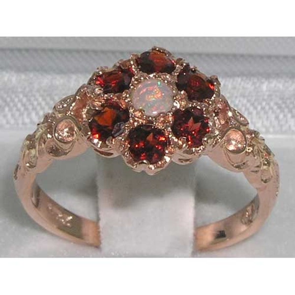 9K Solid Rose Gold Natural Opal & Garnet Cluster Flower Daisy Ring, Seven Stone Pave Promise Ring - Made in England - Customizable