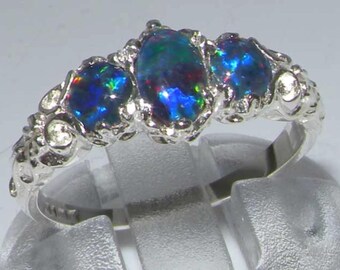 Engelsk 925 sterlingsilverring med naturlig blå opal och trilling, vintage-trilogiarmband med 3 stenar - Anpassa: 14K, 18K guld