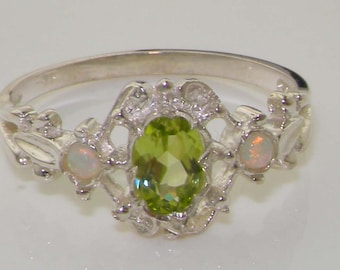 Dainty 925 Sterling Silver Natural Green Peridot & Colorful Opal Victorian Style Delicate Ring -Made in England- Customizable