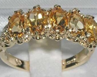 9K Yellow Gold five Natural Citrine Wedding Ring, Half Eternity Band, English Antique Style Carved  Ring - Customize:14K,18K Gold