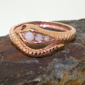 Sample Sale! 9k Rose Gold Natural Opal & Ruby Single Wrap Snake Ring - Finger Size US Size 10, UK Size U, Eur Size 63
