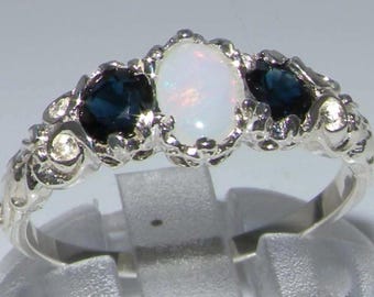 925 Sterling Silver Natural Australian Opal & Sapphire Trilogy Ring, Victorian Inspired - Customize in Platinum, Yellow, Rose, White Gold