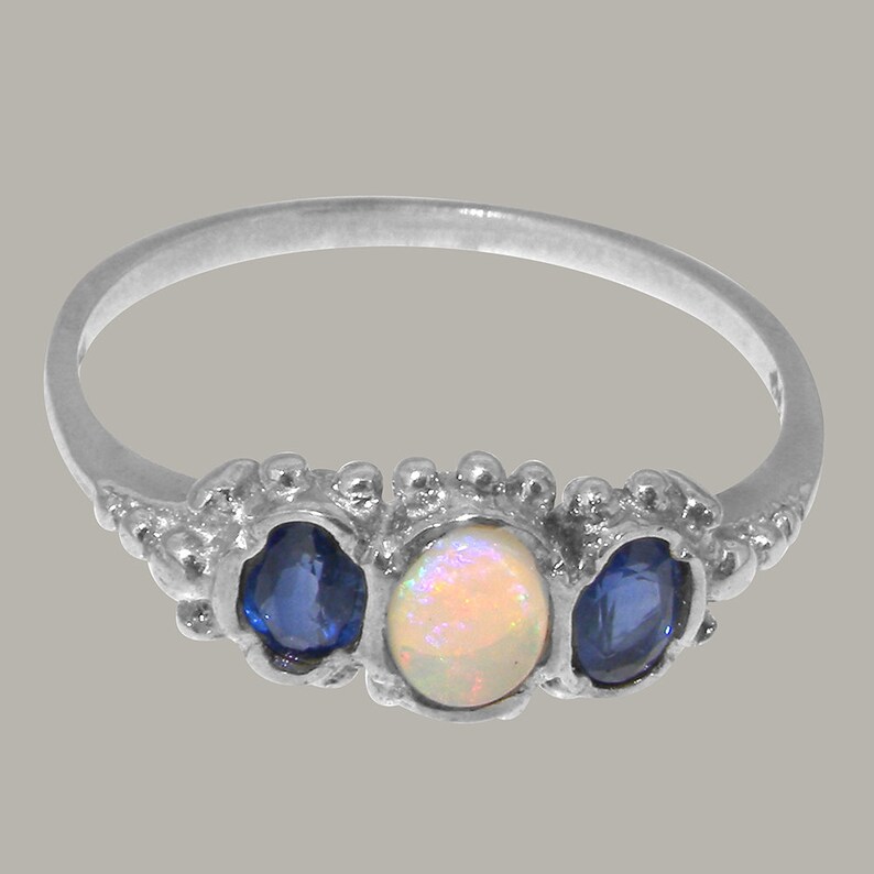925 Sterling Silver Natural Opal /& Sapphire Womens Trilogy Ring Rose or White Gold or Platinum Customizable 9K,10K,14K,18K Yellow