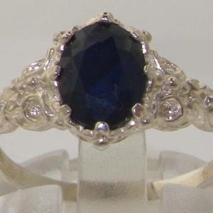 Solid 10K White Gold Natural Sapphire Solitaire Ring, English victorian Influenced,  Customizable in other Metals, Gold Carats and Gemstones