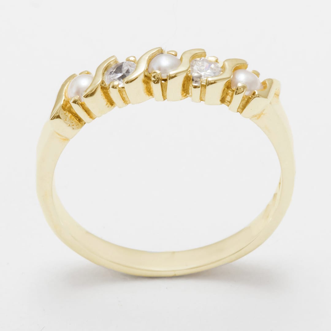 14k Yellow Gold Pearl & Cubic Zirconia Womens Eternity Ring ...