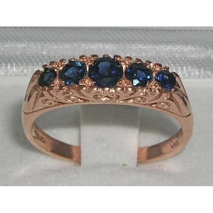 Safira azul natural 9K ouro rosa estilo vitoriano inglês design de pergaminho anel de cluster, cinco pedras meia aliança de eternidade - Personalizar: 14K, 18K