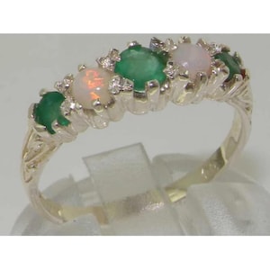 9K White Gold Natural Green Emerald & Opal Vintage Style Eternity Band, Anniversary Ring - Made in England -Customize:9K,14K,18K Gold
