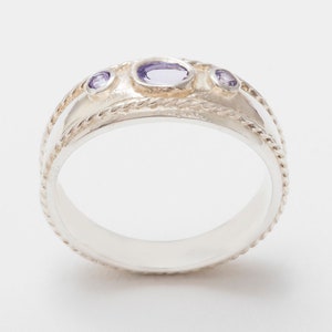 10k White Gold Natural Tanzanite womens Trilogy Band Ring - Customizable 9K,10K,14K,18K, Yellow, Rose or White Gold or Platinum