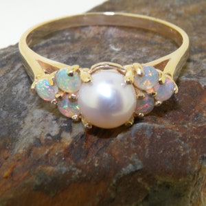 14K Yellow Gold Pearl & Opal Classic Design Cluster Ring | Gold Pearl and Opal ring | Australian Opal Ring | Gold Pearl Ring