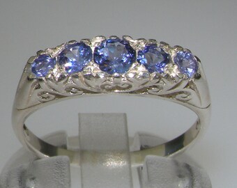 Victorian style 925 Sterling Silver Natural Tanzanite 5 Stones Band Ring - Customizable Platinum,9K,10K,14K,18K Yellow, Rose or White Gold