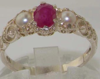 Silver or  White Gold Ruby Pearl Trilogy Vintage Style Ring 9k, 10k, 14k, 18k available