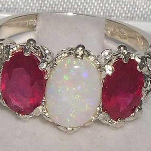 9K White Gold Natural Colorful Opal & Ruby English Antique Style Carved Ring, Prong Setting 3 Stone Trilogy Ring - Made in England
