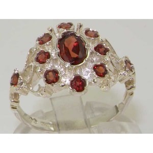 Sample SALE! Size 7.75 (UK P 1/2), English 925 Sterling Silver Natural Garnet Unique Rosette Flower Cluster Pave Ring - Antique Style Ring