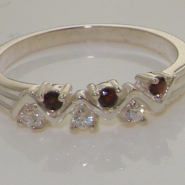 Contemporary Natural Diamond & Garnet 925 Sterling Silver 6 Stone Zig Zag Ring, V Ring - Made in England - Customizable