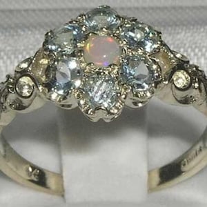 925 Sterling Silver Natural Opal & Aquamarine Cluster Daisy Flower Pave Ring, Carved 7 Stone Anniversary Ring  Made in England -Customizable
