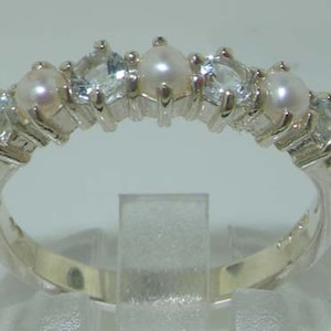 Silver Aquamarine and Pearl Ring | Silver Pearl & Aquamarine Ring| Sterling Silver Aquamarine Ring | Aquamarine Eternity Ring