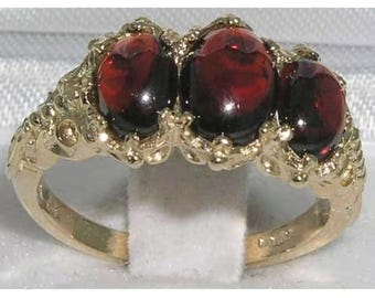 9K Yellow Gold Natural Cabochon Garnet 3 Stone English Victorian Style Ring, Prong Setting Trilogy Ring - Made in England - Customizable