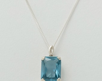 Sterling Silver 16x12mm Octagon Cut Lab Created Aquamarine Solitaire Pendant and Chain, Necklace