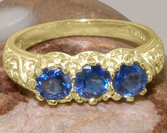 Yellow Gold Natural Sapphire womens Trilogy Ring - Customizable 9K,10K,14K,18K, Yellow, Rose or White Gold or Platinum