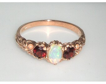 Rose Gold Natural Opal & Garnet Victorian Inspired Trilogy Vintage Style Ring- 9K, 10K, 14K 18K available