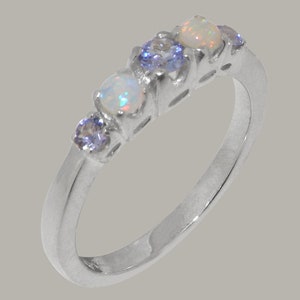 10k White Gold Natural Tanzanite & Opal Band Ring - Customizable 9K,10K,14K,18K Yellow, Rose or White Gold or Platinum