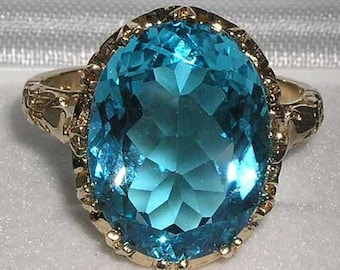 Yellow Gold 9K Blue Topaz Solitaire Ring | Gold Cocktail Ring | Natural Blue Topaz Single Stone Ring | Victorian Inspired Ring