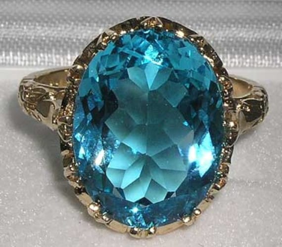 Yellow Gold 9K Blue Topaz Solitaire Ring Gold Cocktail Ring