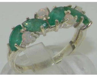 10k White Gold Marquise Cut Natural Emerald with Colorful Opal Eternity Ring - Customizable 9K,10K,14K,18K Yellow, Rose or White Gold