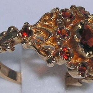 Solid 9K Yellow Gold Natural Garnet Unique Rosette Flower Cluster Pave Ring, Englihs Antique Vintage Style Ring - Customizable