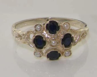 VINTAGE Design 925 Sterling Silver Natural Blue Sapphire & Freshwater Pearl Unique Dainty Cluster Ring - Made in England - Customizable