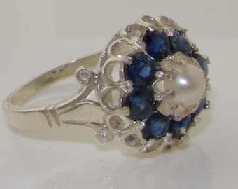 Solid 925 Sterling Silver Natural Freshwater Pearl & Blue Sapphire Victorian Design Cluster Flower Cocktail Ring - Customizable