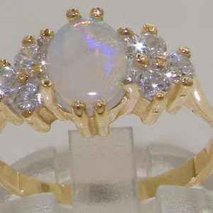 Luxury English 9K Yellow Gold Natural Colorful Opal & 0.36ct 1/3ct Diamond Accent Engagement Ring, Solitaire Wedding Ring -Customize:14K,18K