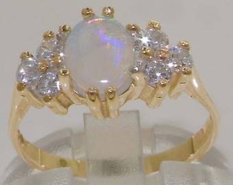 Luxury English 9K Yellow Gold Natural Colorful Opal & 0.36ct 1/3ct Diamond Accent Engagement Ring, Solitaire Wedding Ring -Customize:14K,18K