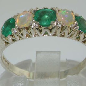 Natural Emerald & Colorful Opal Solid 925 Sterling Silver Zig Zag Side Vintage Design Half Eternity Ring -Made in England -Customizable