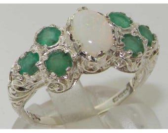 English 14K White Gold Natural Austalian Opal and Emerald Victorian Inspired Anniversary, Engagement Ring -Made in England-Customisable