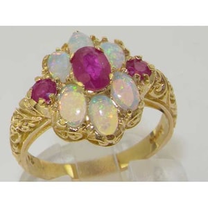 English 9K Yellow Gold Natural Ruby & Colourful Opal  Engagement Ring, Victorian Style Carved Ring, Unique Cluster Floral Ring