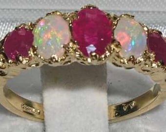 English 9K 375 Yellow Gold Natural Ruby & Colorful Opal Victorian Style Ring 5 Stone Engagement Ring-Customize: Platinum,9K,10K,14K,18K Gold