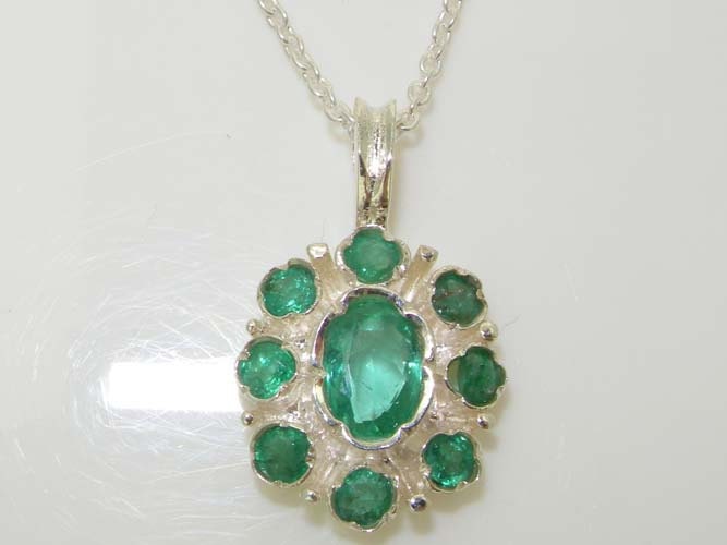Luxury Solid 925 Sterling Silver Natural Precious Emerald Contemporary Unique Cluster Flower Small Pendant Necklace - Made in England