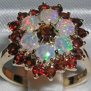 9K Yellow Gold Natural Garnet & Colorful Opal Anniversary Ring, Cluster Floral Ring, vintage Design Floral Ring- Customizable