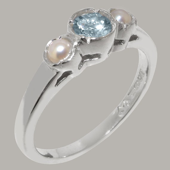 Bague Trilogie 3 Pierres Or Blanc 9 Carats – Aigue-Marine Et Diamant – Idée Cadeau Anniversaire, Fiançailles, Saint-Valentin