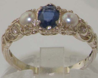 English Solid 925 Sterling Silver Natural Blue Sapphire & Freshwater Pearl Victorian 3 Stone Trilogy Ring - Customize:9K,14K,18K Gold