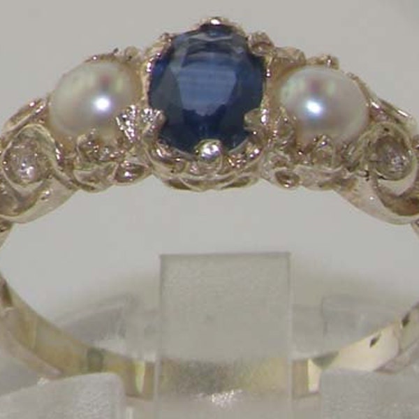 English Solid 925 Sterling Silver Natural Blue Sapphire & Freshwater Pearl Victorian 3 Stone Trilogy Ring - Customize:9K,14K,18K Gold
